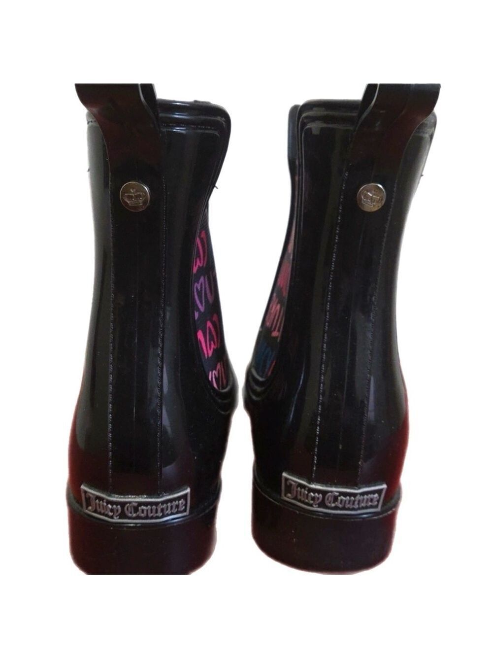 Juicy Couture Romance Black Glossy Rain Boots Waterproof Chelsea Style Logo NWOB - Picture 2 of 8
